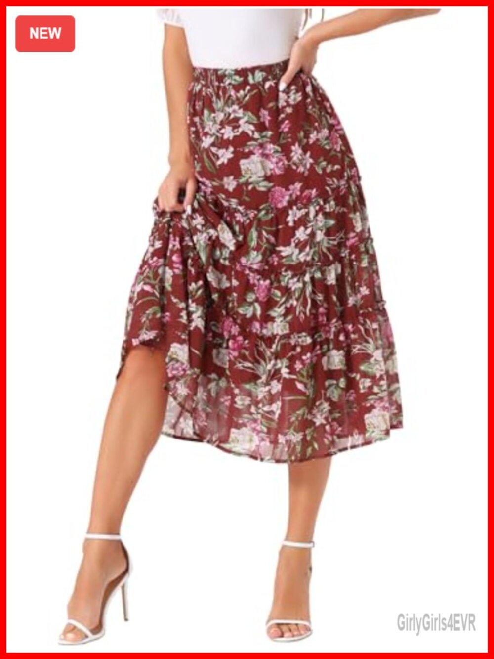 Women's Floral Chiffon A-Line Tiered Ruffle Maxi Skirt